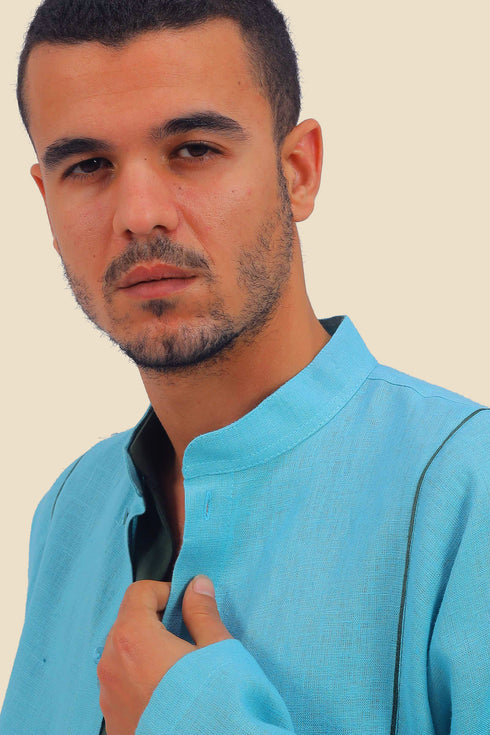 Embroidered linen shirt with button down and stand up collar